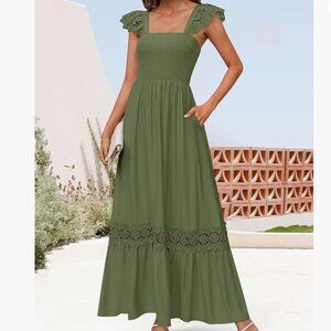 ZESICA Women's 2025 Summer Lace Strap Sleeveless Square Neck Smocked High Waist